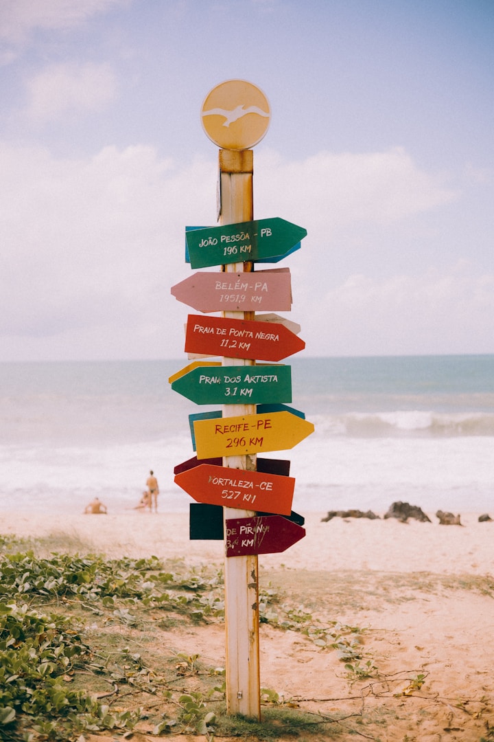 Distance Panneau de signalisation coloré sur une plage, indiquant diverses directions.
